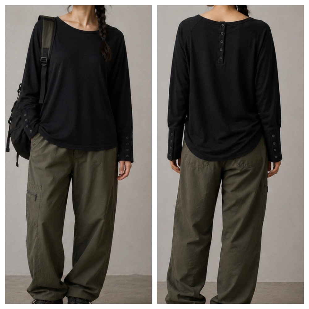 Toad&Co Lightheart Tee Long Raglan Sleeve‎ L Black Button Placket Cuffs Gorpcore